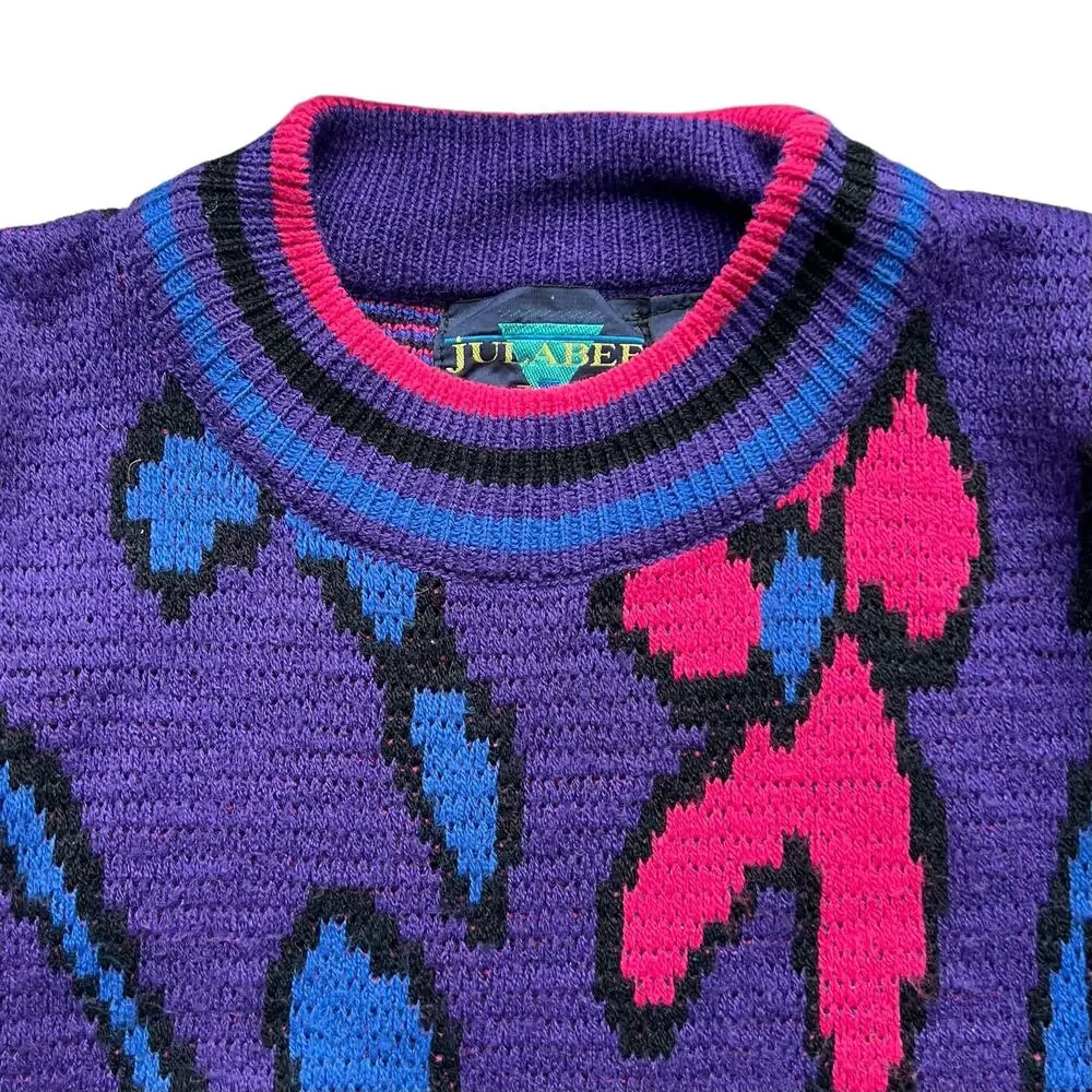 Vintage Abstract Flower Art Pattern Knit Sweater M Contemporary Purple Pink Blue